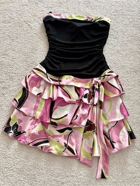 Vintage BYER TOO! Strapless Black and Pink Floral Ruffled Kids' Formal Dress